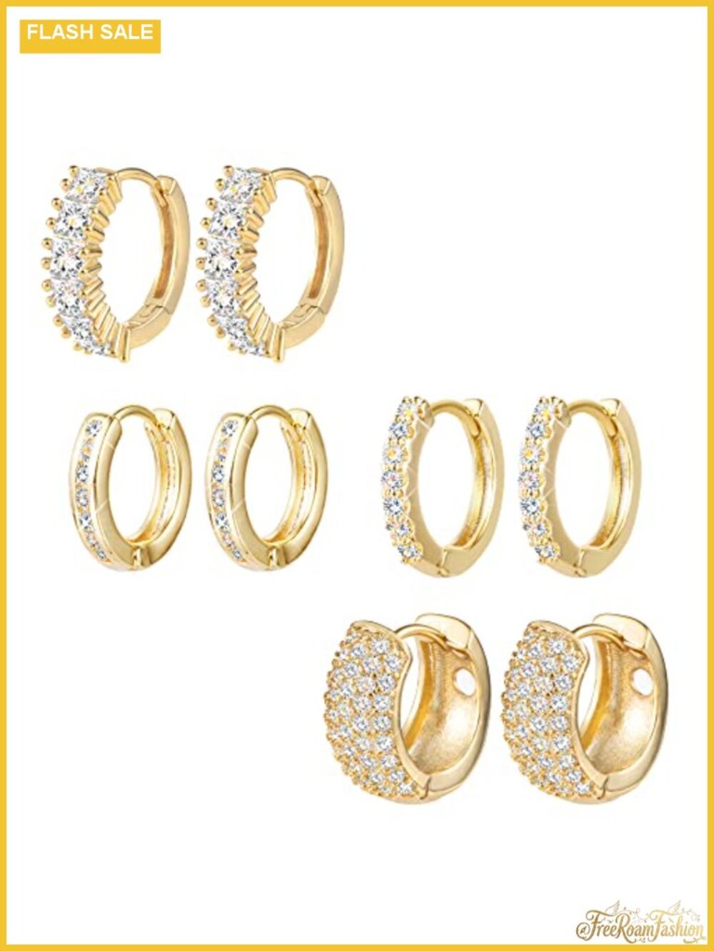 14K Gold Plated Sterling Silver Post Diamond Pave Small Hoop Earrings Set of 4